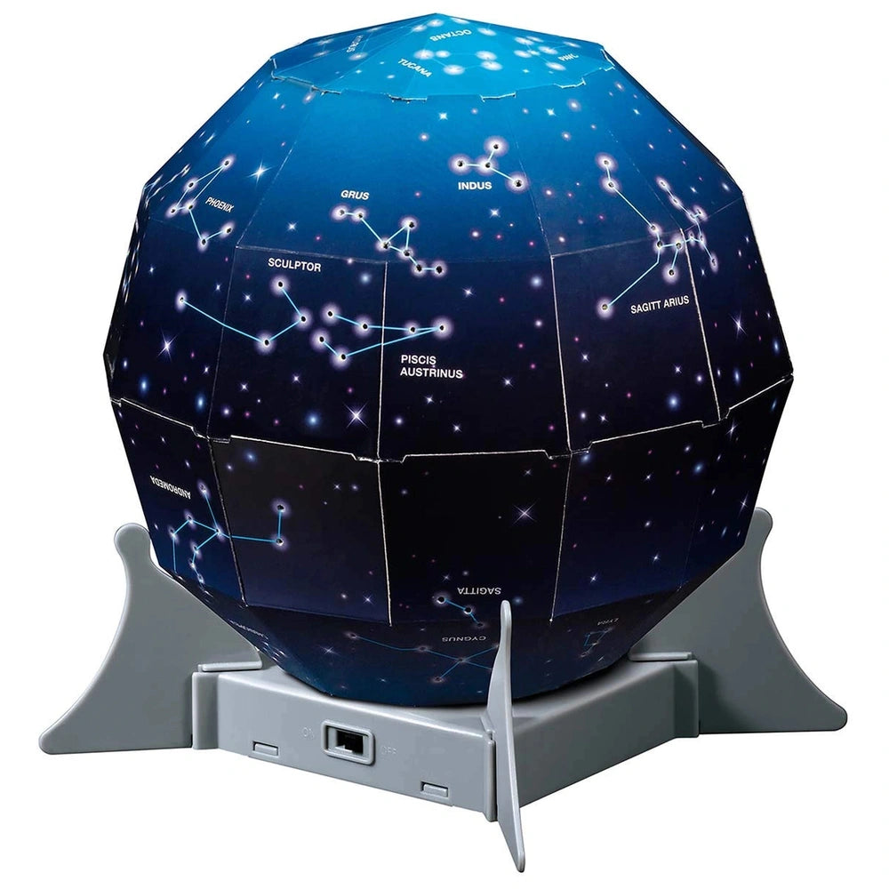 KidzLabs Night Sky Projection Kit features a dark blue star map globe on a gray stand with white stars and educational text.