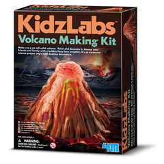 KidzLabs Volcano Making Kit features a 9.5 cm tall volcano for painting, with colorful packaging and warning labels.