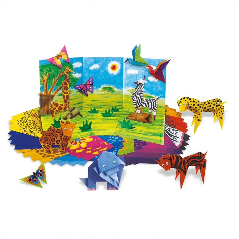 4M Little Craft Origami Zoo Animals kit featuring a giraffe, tiger, butterfly, elephant, and zebra on colorful packaging.