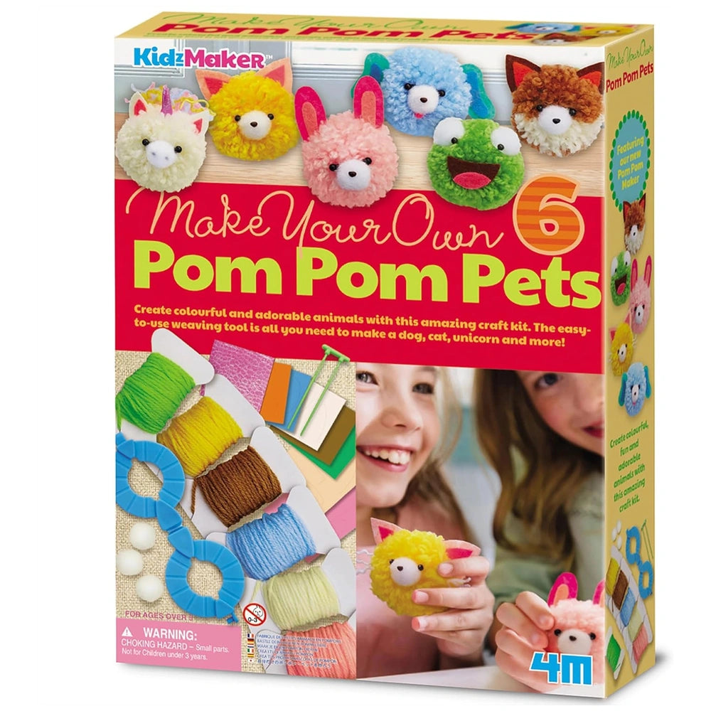 4M Make Your Own Pom Pom kit packaging features colorful animal images, bold text, and a warning label against small parts.