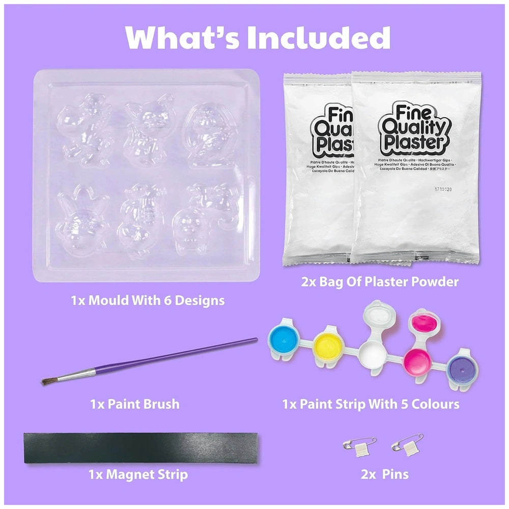 4M Mould & Paint Cute Pets kit includes 6 designs, a paint brush, magnet strip, and plaster powder for crafting.