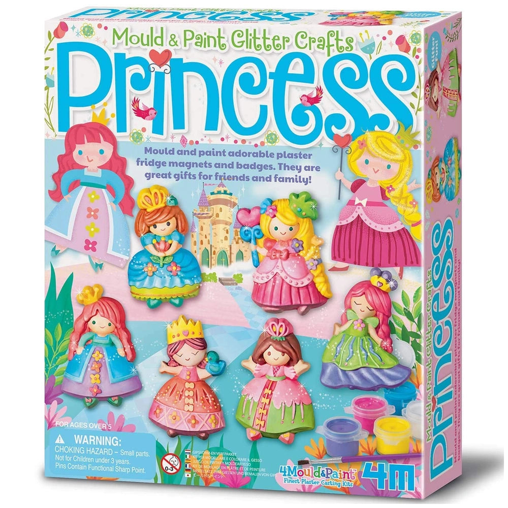 4M Mould & Paint Glitter Crafts Princess kit in blue packaging featuring pink and green princesses with yellow accessories.
