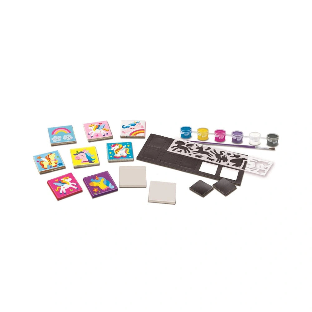 4M Unicorns Mini Tile Arts featuring colorful square tiles and a glossy black tray on a light surface.