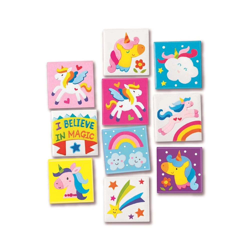 4M Unicorns Mini Tile Arts features colorful unicorns in yellow, pink, blue, and purple with rainbow manes arranged in a grid