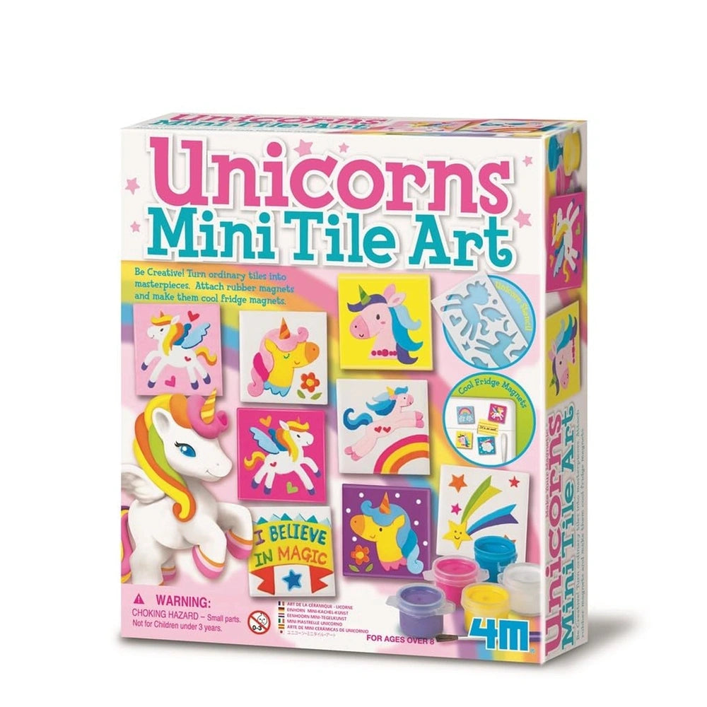 4M Unicorns Mini Tile Arts kit in pink packaging features unicorns, stars, stickers, and magnets for creative tile projects.