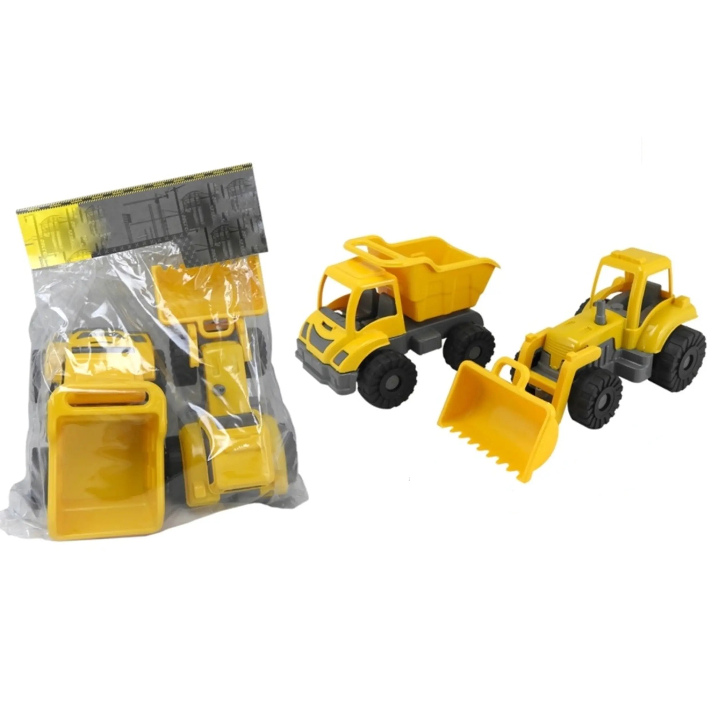 Set of toy construction vehicles including a bulldozer, dump truck, and loader with packaging on a white background.