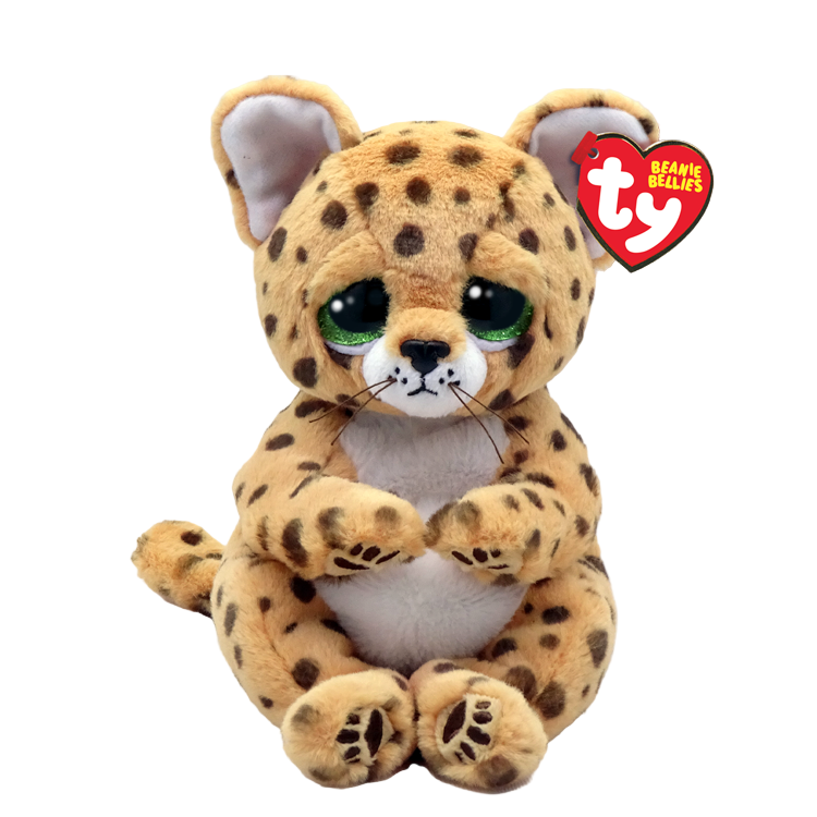 Plush toy cheetah with green eyes and a Ty logo on a white background