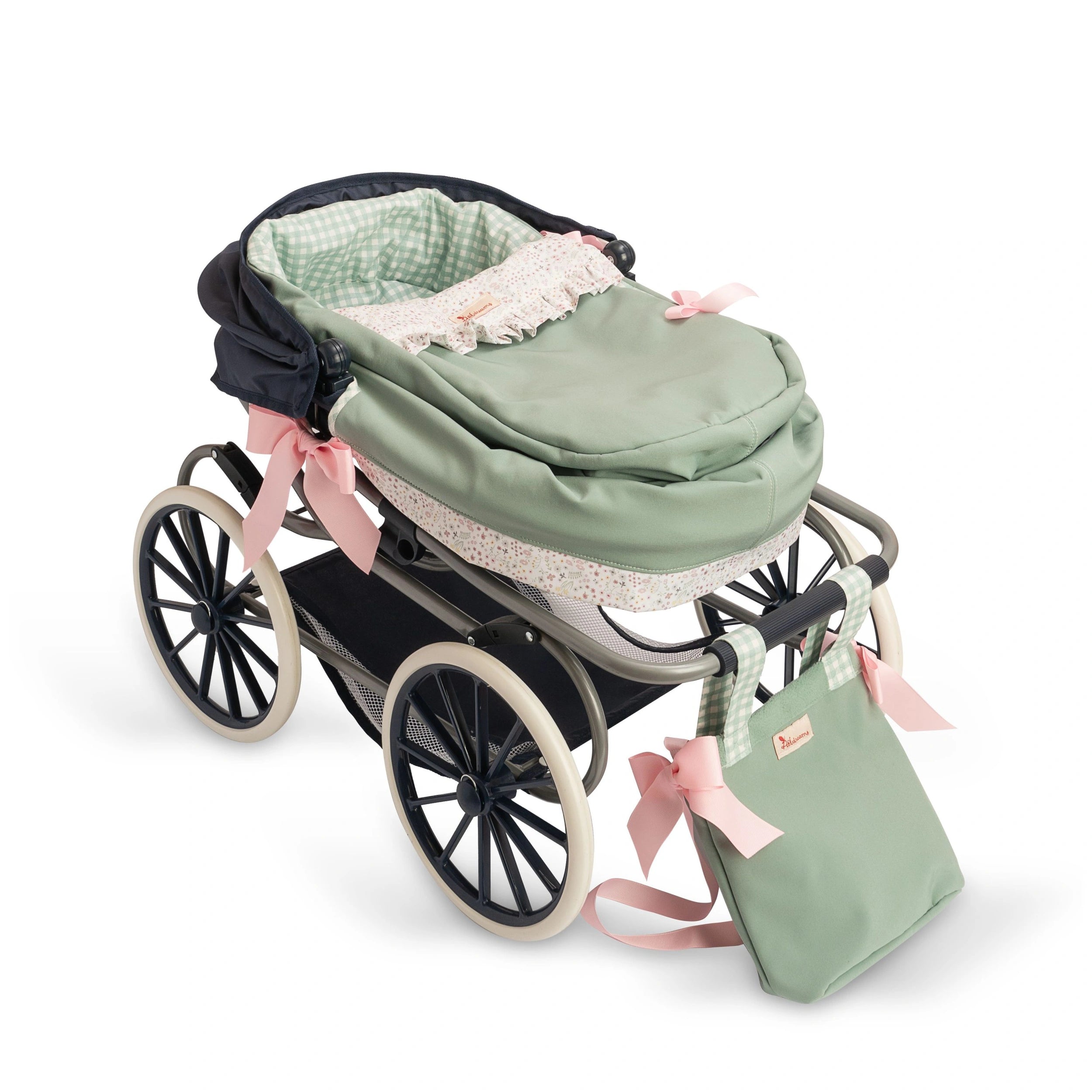 Luxury doll stroller in green with removable hood, pink bows, and matching carry bag, designed for dolls 36-46 cm.