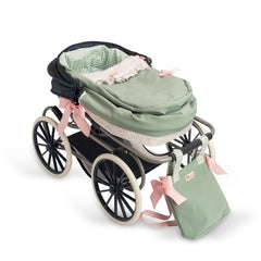 Luxury doll stroller in green with removable hood, pink bows, and matching carry bag, designed for dolls 36-46 cm.