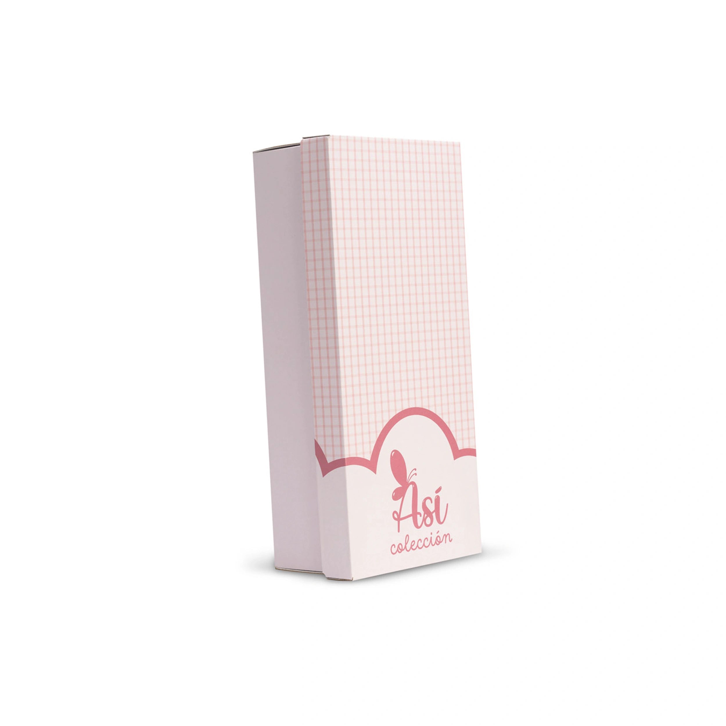 Pink checkered ASI Dolls packaging with logo and "colección" text on a white background.