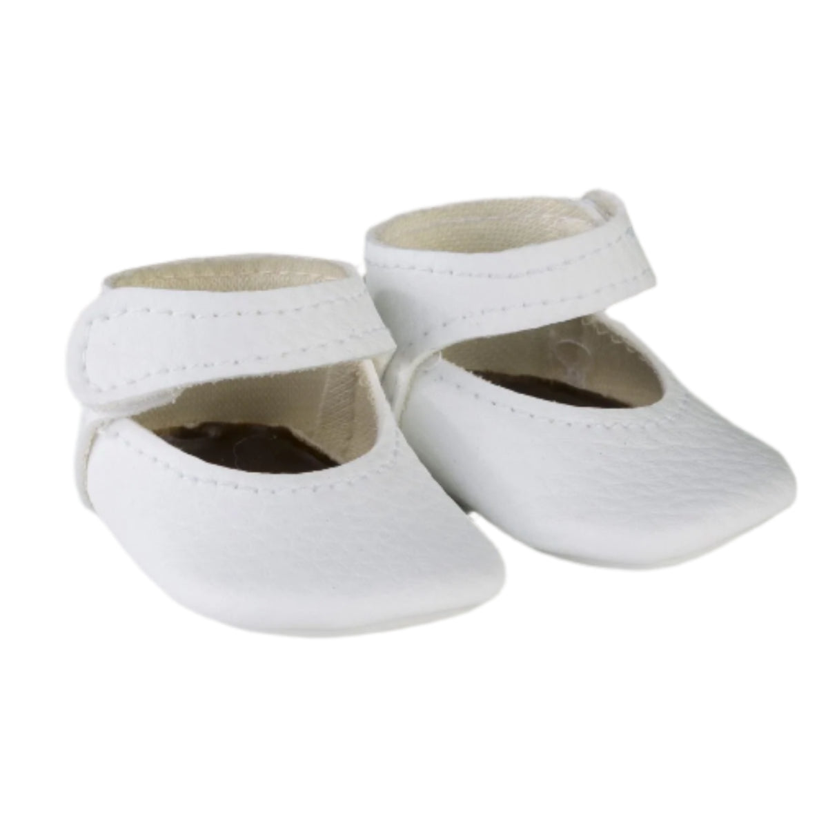 White doll shoes with strap detail, designed for ASI dolls 36 to 40 cm, enhance imaginative play and coordination.