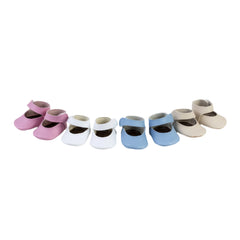 Pink, white, blue, and beige doll shoes with straps, suitable for 36 to 40 cm ASI dolls.