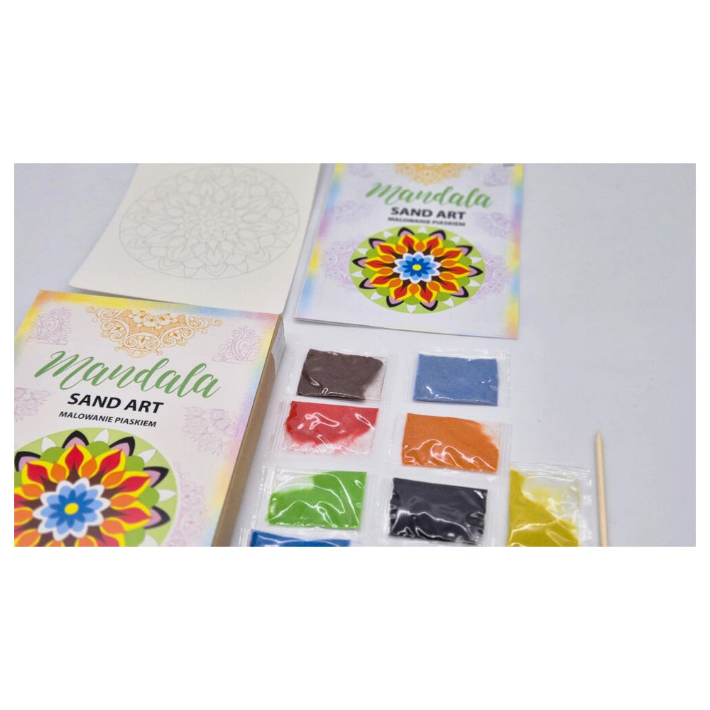 Mandala Sand Art kit featuring colorful sand, templates, and packaging for eco-friendly arts and crafts activities for ages 8