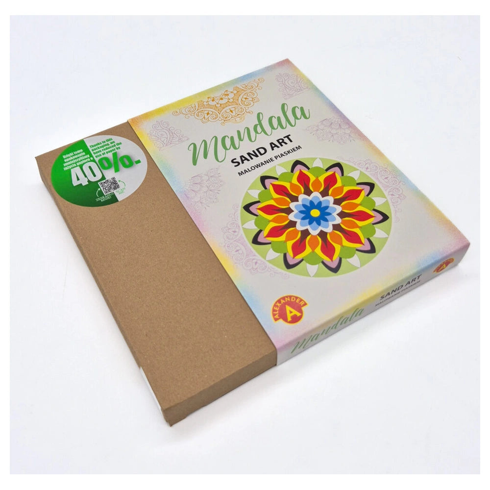 Alexander Arts & Crafts Sand Art Mandala book features a colorful floral design and eco-friendly materials, suitable for ages