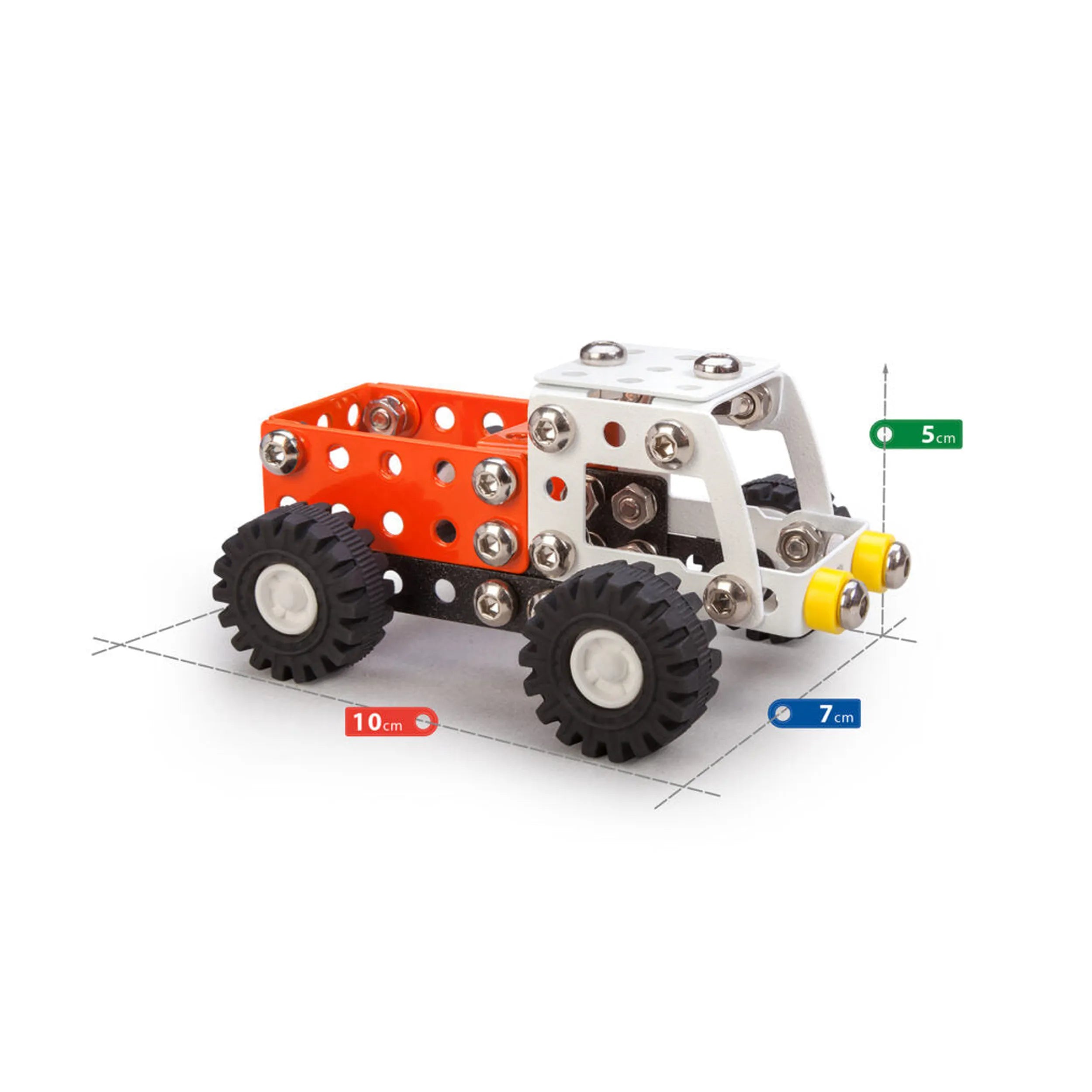 Toy pickup van construction set with black wheels, orange and white metal components, 10x7x5 cm dimensions, front view.