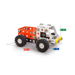 Toy pickup van construction set with black wheels, orange and white metal components, 10x7x5 cm dimensions, front view.
