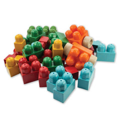 Multicoloured stacking bricks in red, green, blue, orange, and yellow, scattered together.