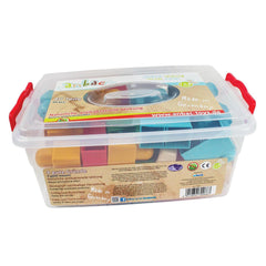 Clear plastic box with multicolored construction bricks inside, red handles, and German labels.