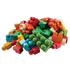 Multicolored stack of Anbac sanitizing construction bricks, green, red, yellow, and blue blocks scattered.