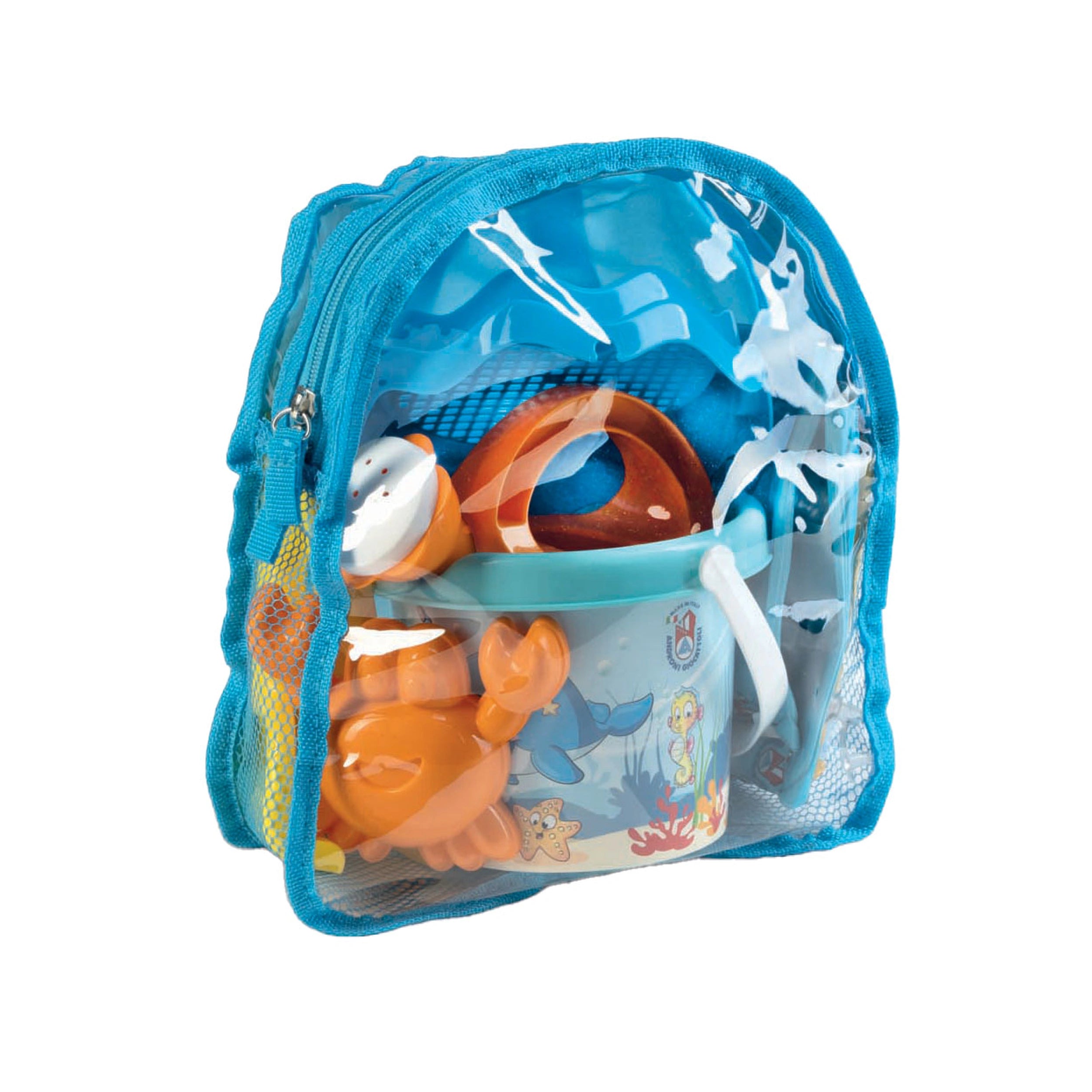 Transparent blue backpack with beach sand toys, including an orange crab, blue bucket, and inflatable armbands.