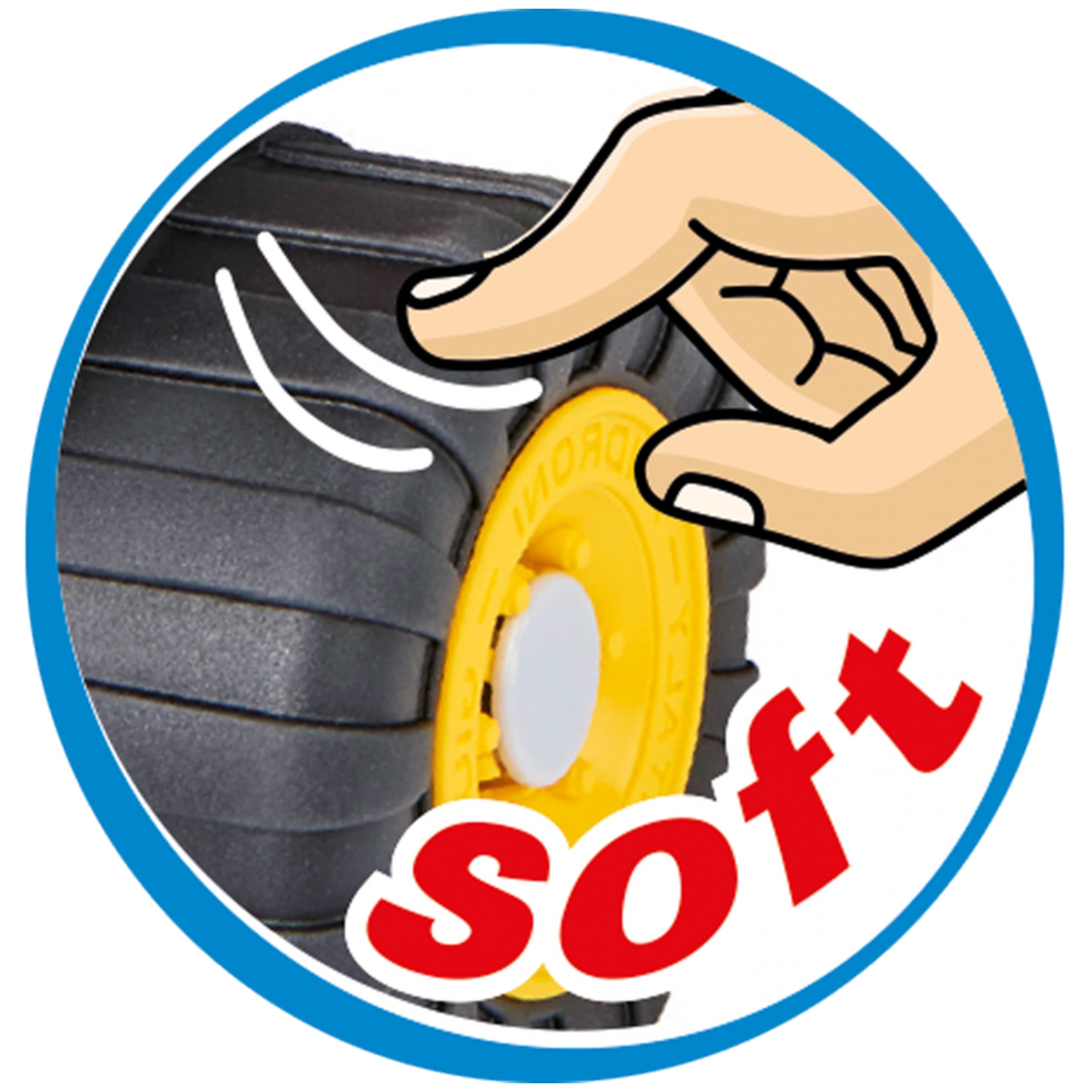 Soft rubber wheel of Androni Happy Bulldozer with a hand pressing it, showcasing flexibility and safety.