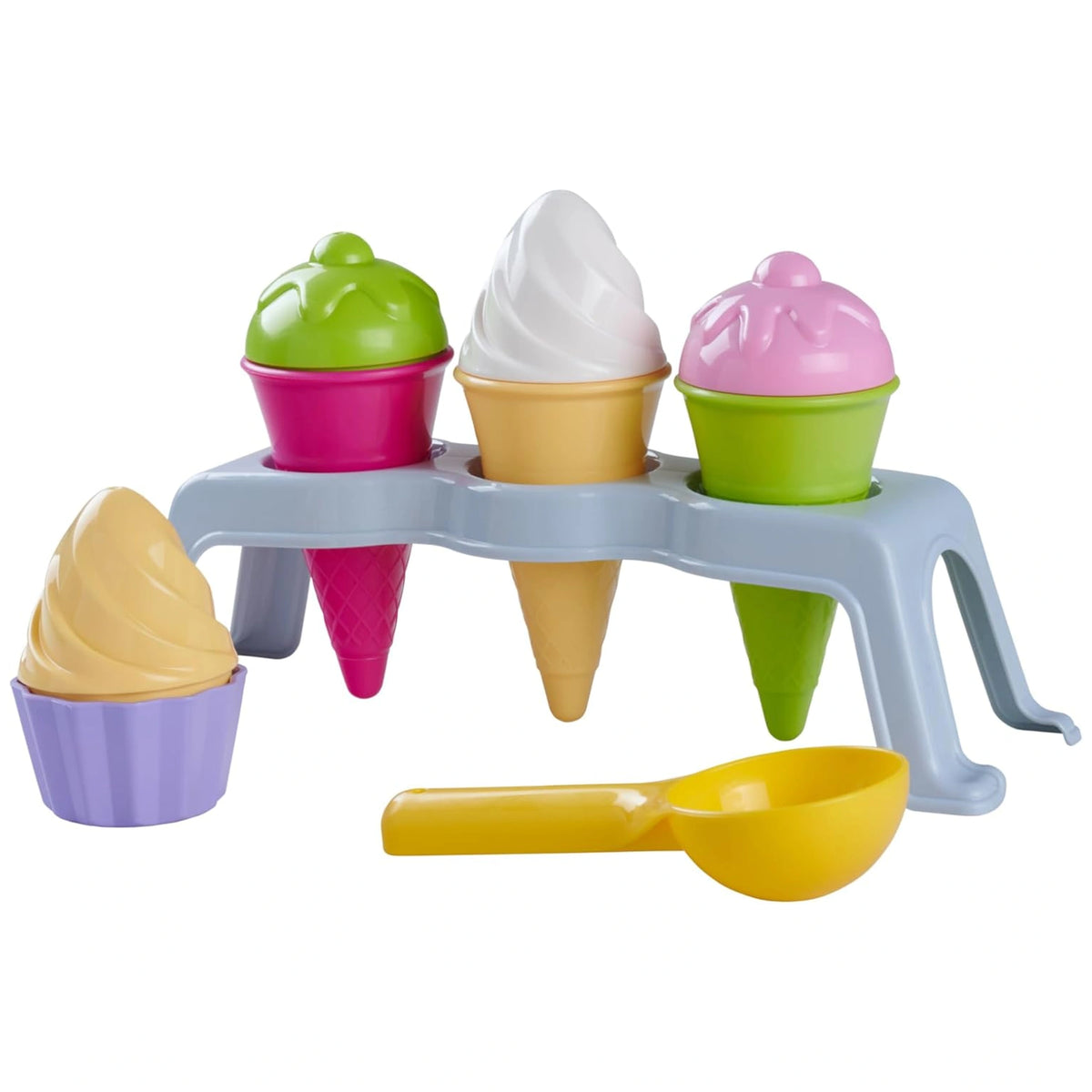 Colorful children's ice cream stand set with three cones and a cupcake, in pink, green, yellow, on a blue stand.