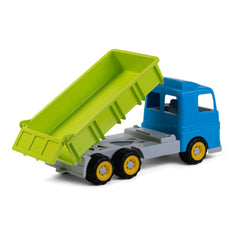 Blue and green toy dump truck with yellow wheels, tilted bed raised, by Androni Trucks.