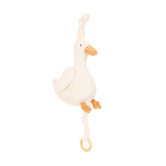 Soft white duck plush carillon with fabric wings and beak, braided string with wooden ring.