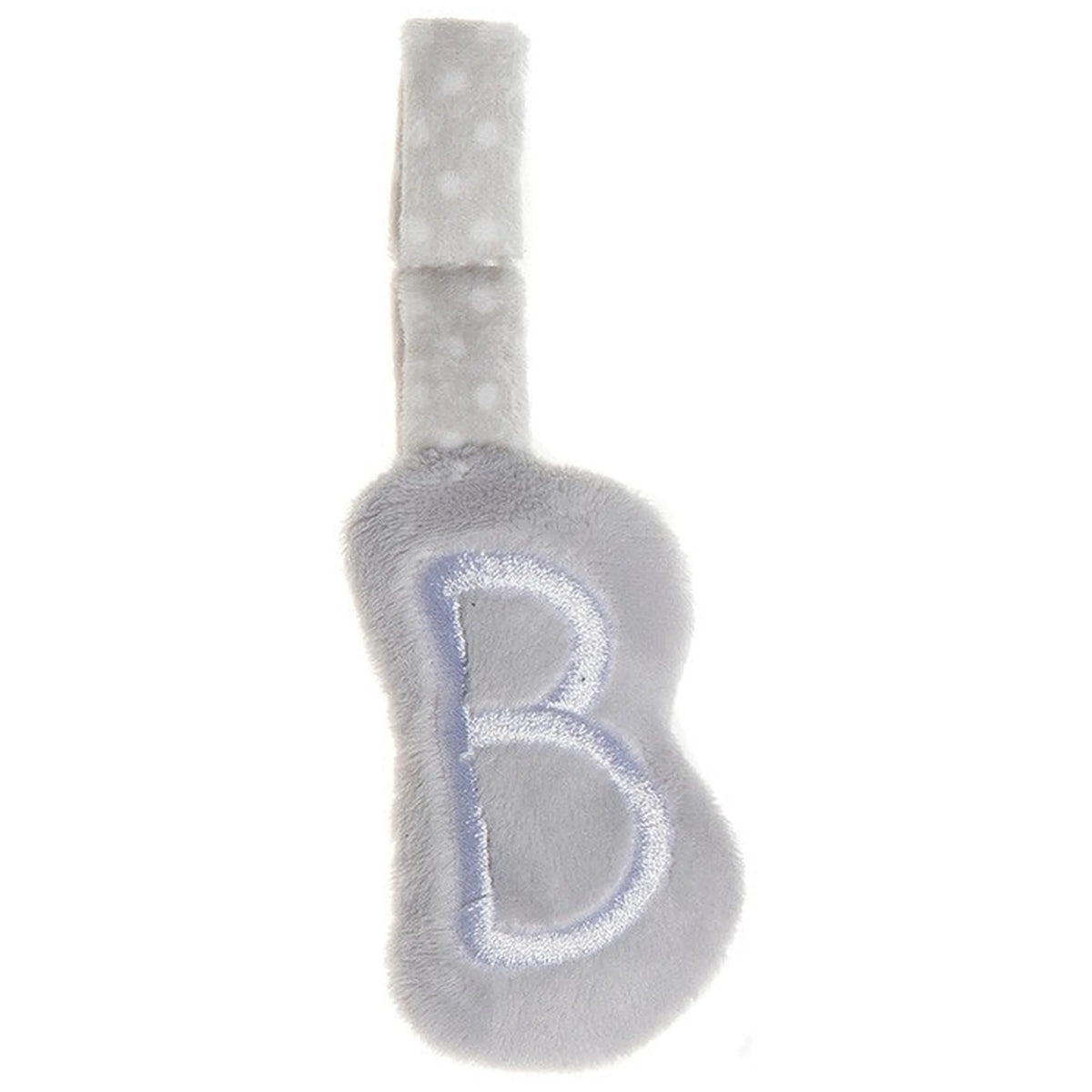 Soft grey plush letter "B" with a dotted strap, designed for baby play and educational activities.