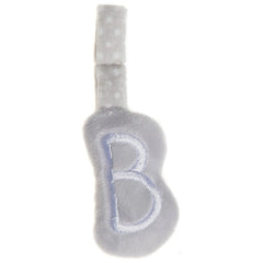 Soft grey plush letter "B" with a dotted strap, designed for baby play and educational activities.