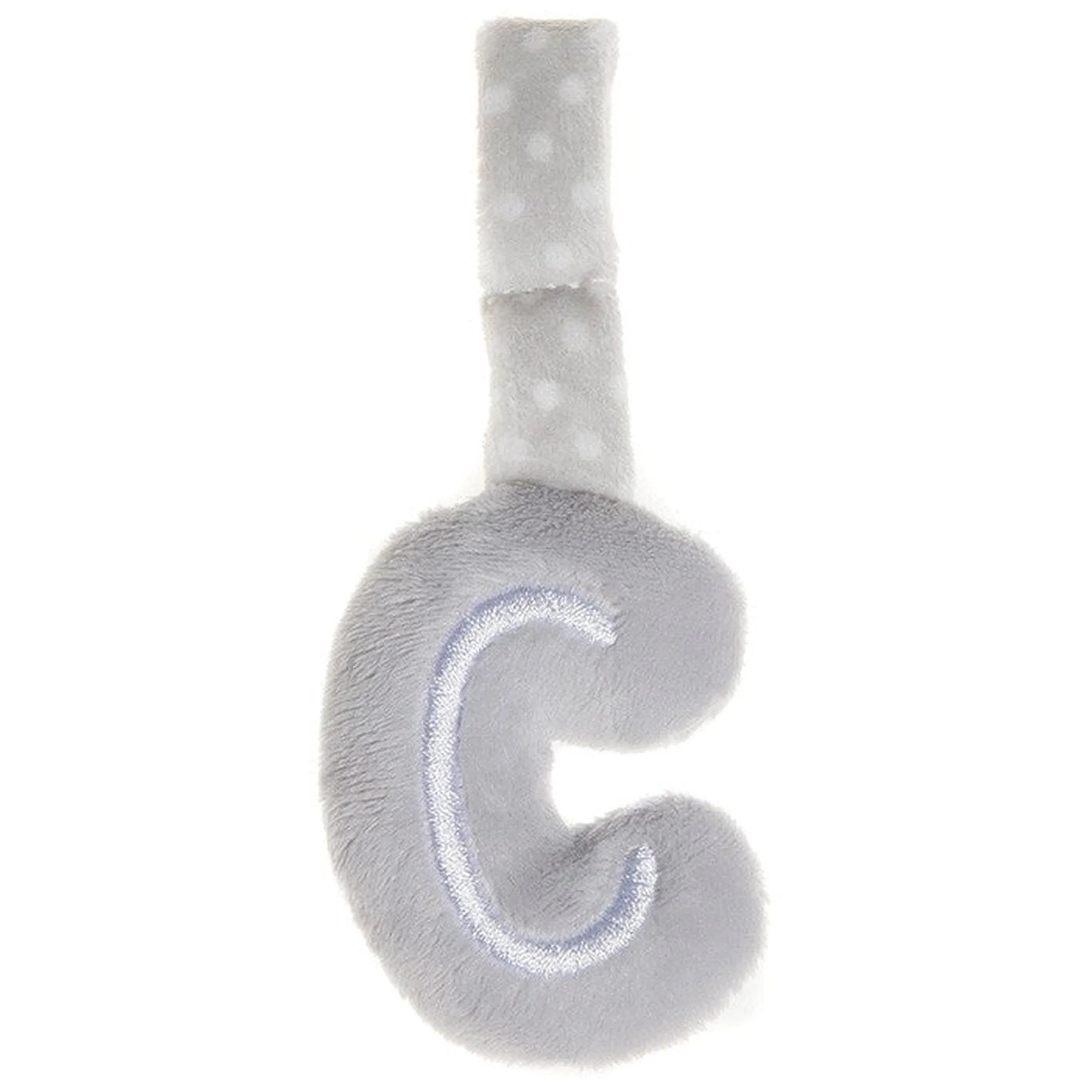 Soft grey plush letter "C" with a polka dot handle, ideal for baby activities and learning.
