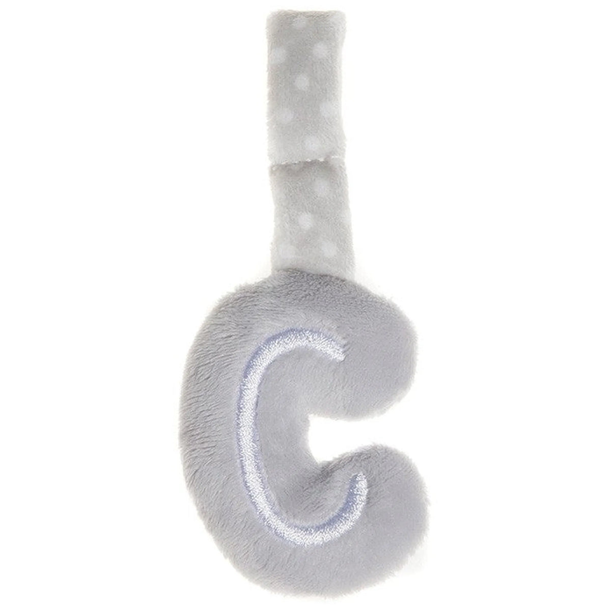 Soft grey plush letter "C" with a polka dot handle, ideal for baby activities and learning.