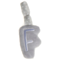 Soft grey plush letter "F" with a polka dot handle, designed for infant interaction and early literacy.