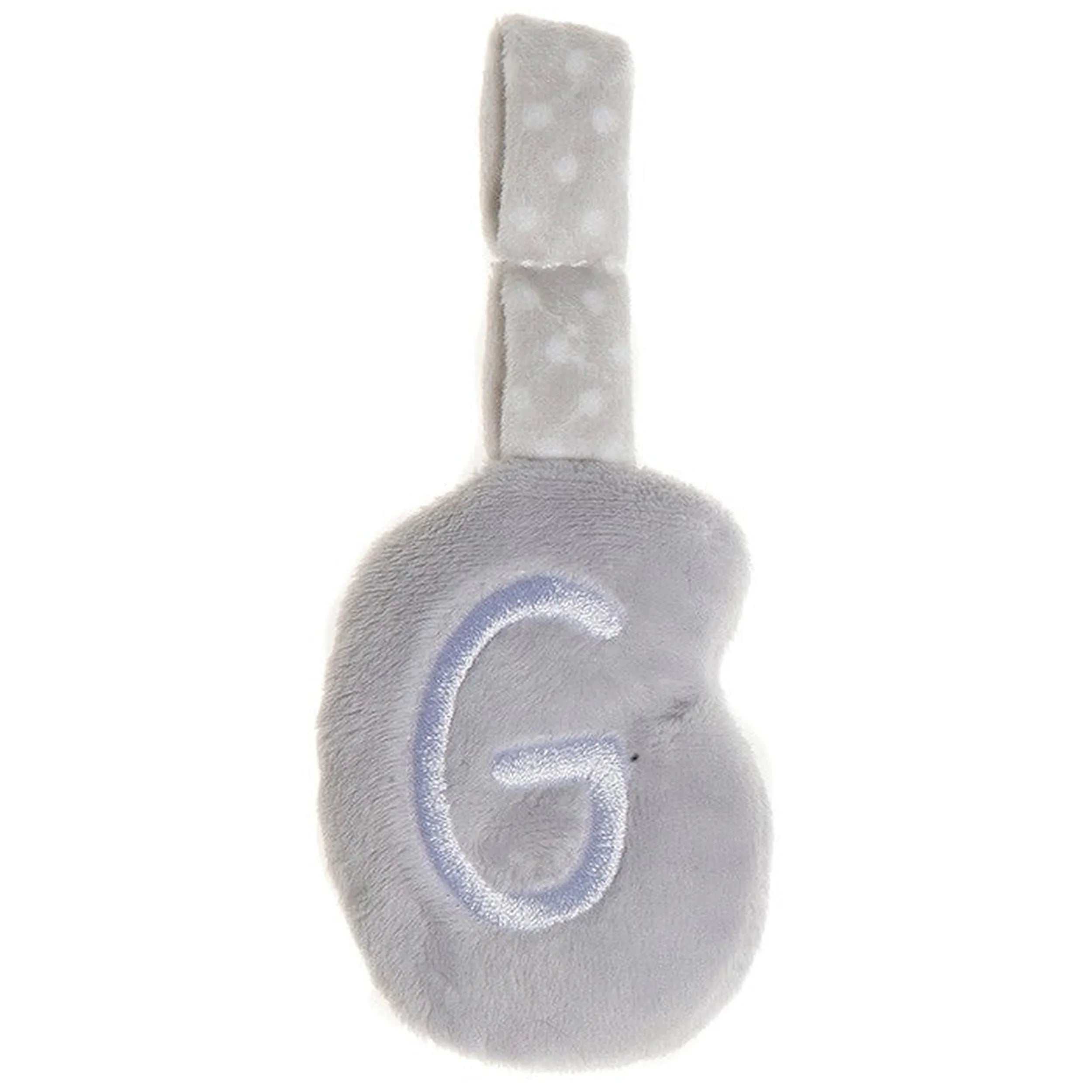 Soft grey plush letter G with light stitching and a loop for hanging.