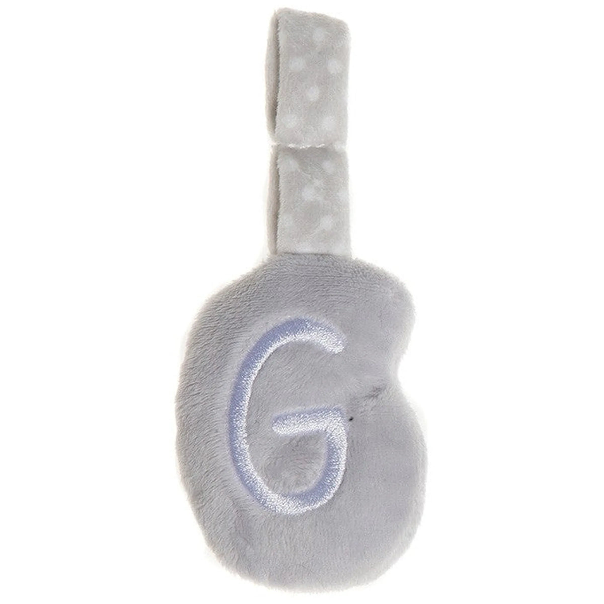 Soft grey plush letter G with light stitching and a loop for hanging.