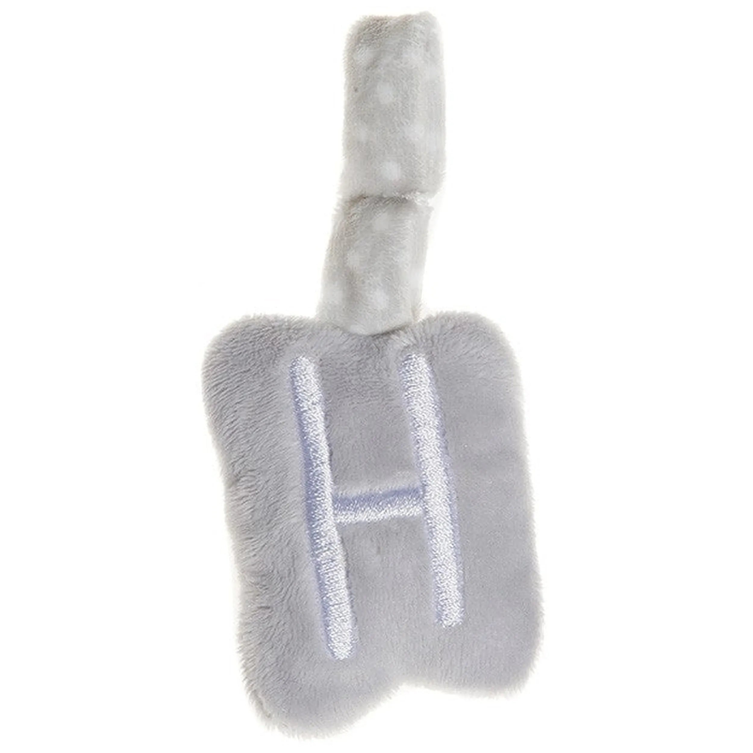 Grey plush letter "H" with a soft texture and hanging loop for baby activities and nursery decoration.