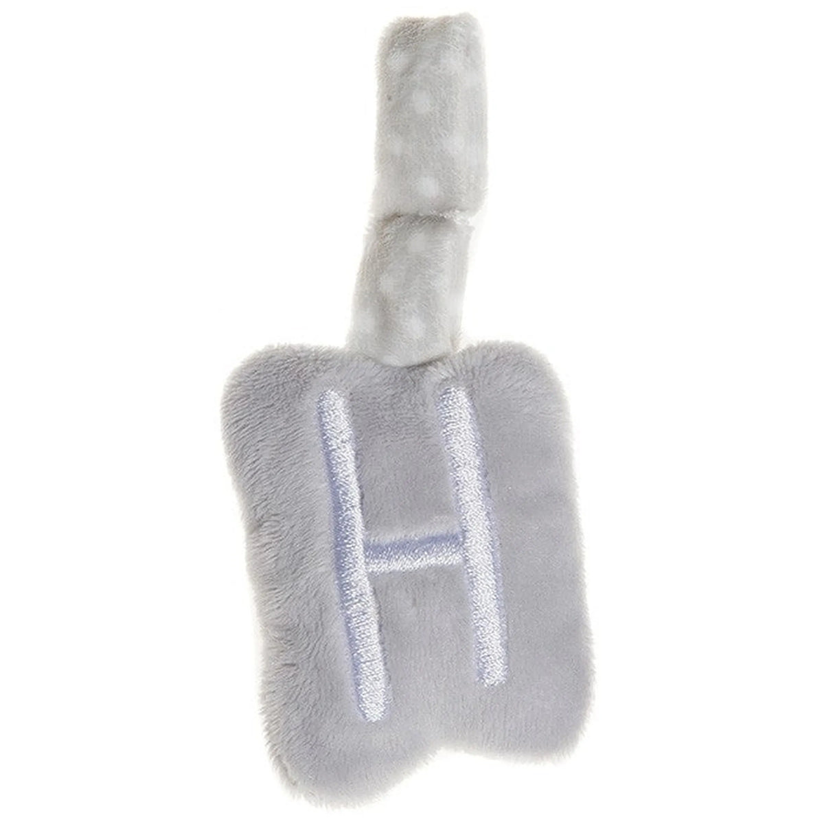 Grey plush letter "H" with a soft texture and hanging loop for baby activities and nursery decoration.