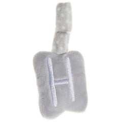 Grey plush letter "H" with a soft texture and hanging loop for baby activities and nursery decoration.