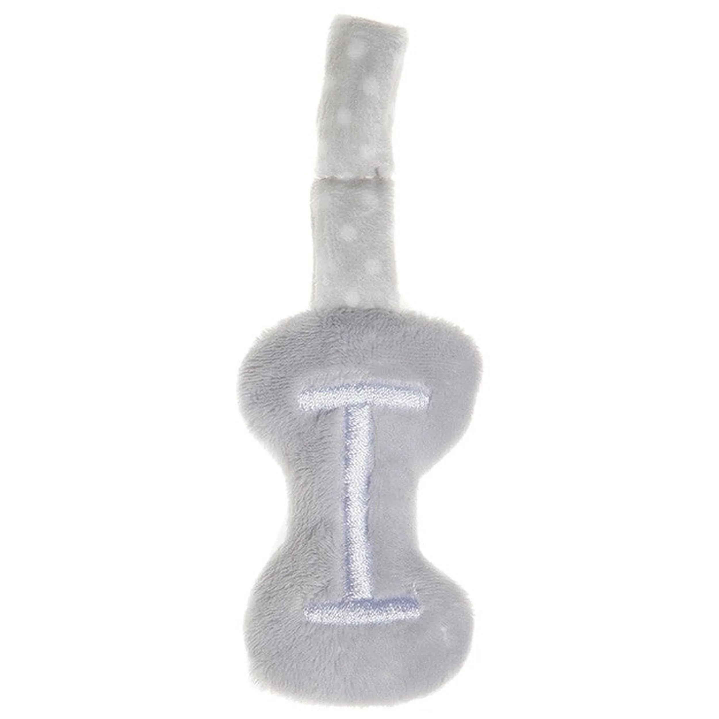 Soft grey plush letter "I" with white embroidery and a polka dot handle for baby activities.
