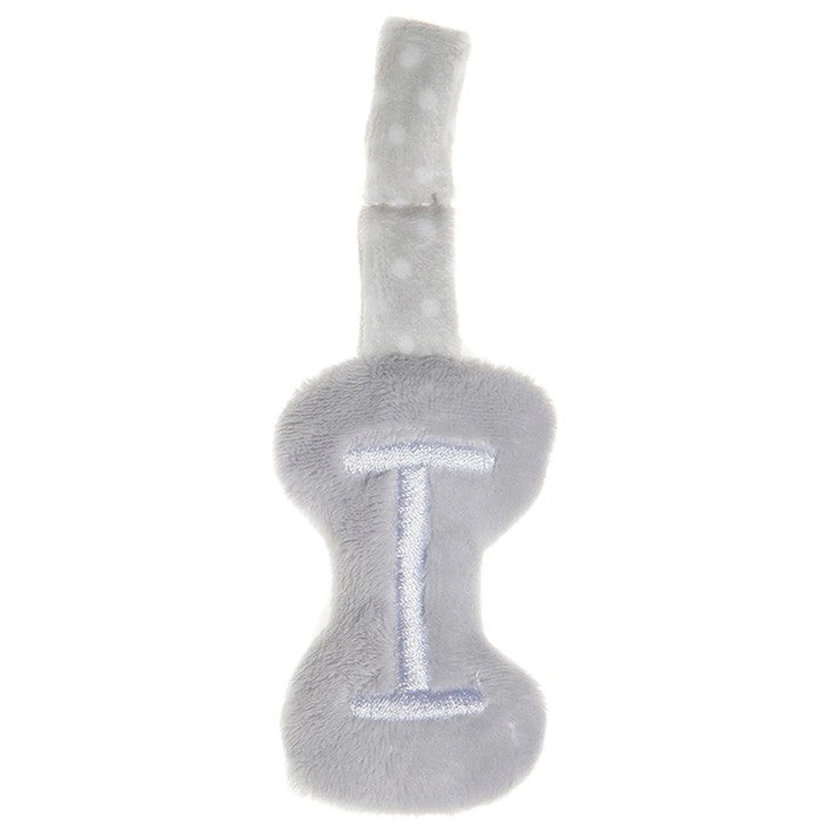 Soft grey plush letter "I" with white embroidery and a polka dot handle for baby activities.