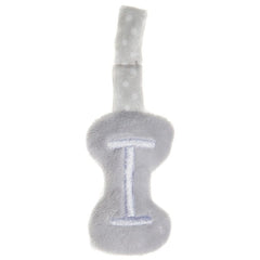 Soft grey plush letter "I" with white embroidery and a polka dot handle for baby activities.