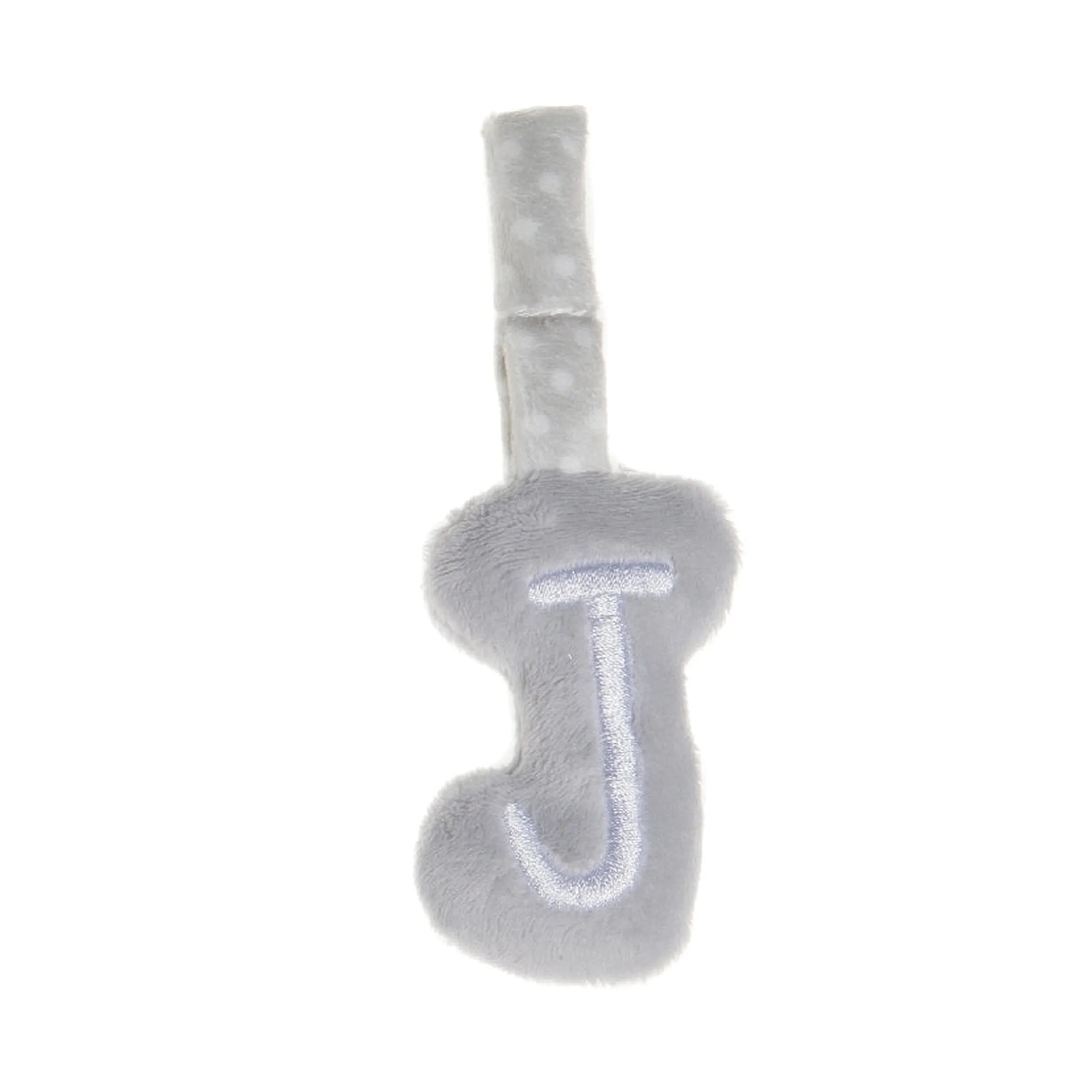 Grey plush letter "J" with soft texture and polka-dotted loop for baby activities and nursery decor.