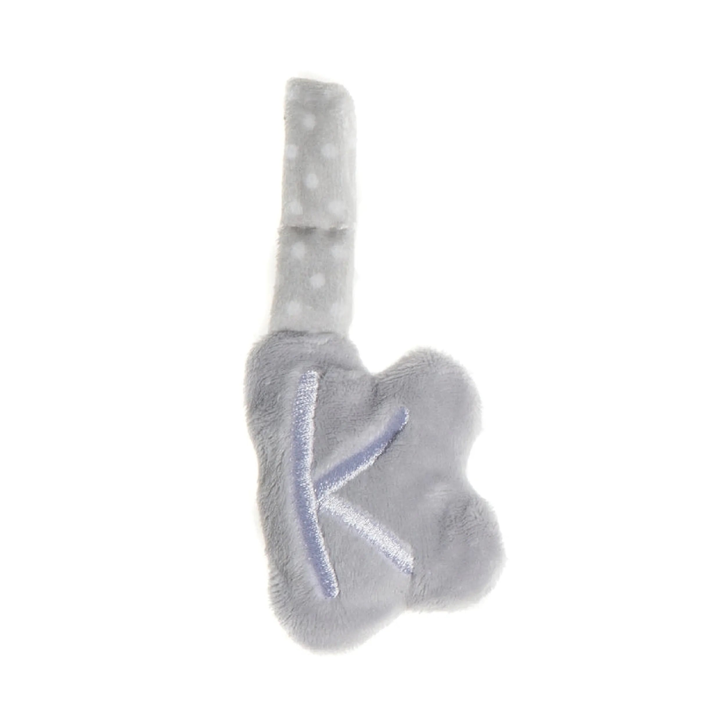 Gray plush letter "K" from Artesavi with polka dot handle, soft texture for personalized play and nursery decor.