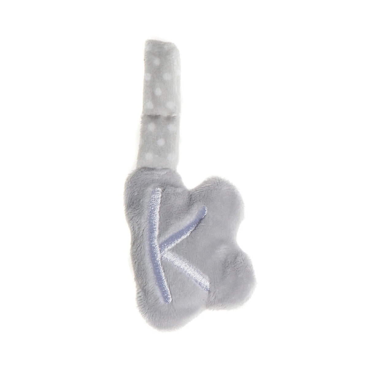 Gray plush letter "K" from Artesavi with polka dot handle, soft texture for personalized play and nursery decor.