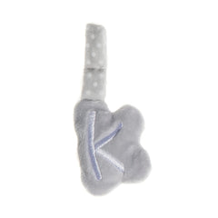 Gray plush letter "K" from Artesavi with polka dot handle, soft texture for personalized play and nursery decor.