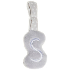 Soft grey plush letter "S" with a polka dot loop for hanging, designed for children's creative play and learning activities.