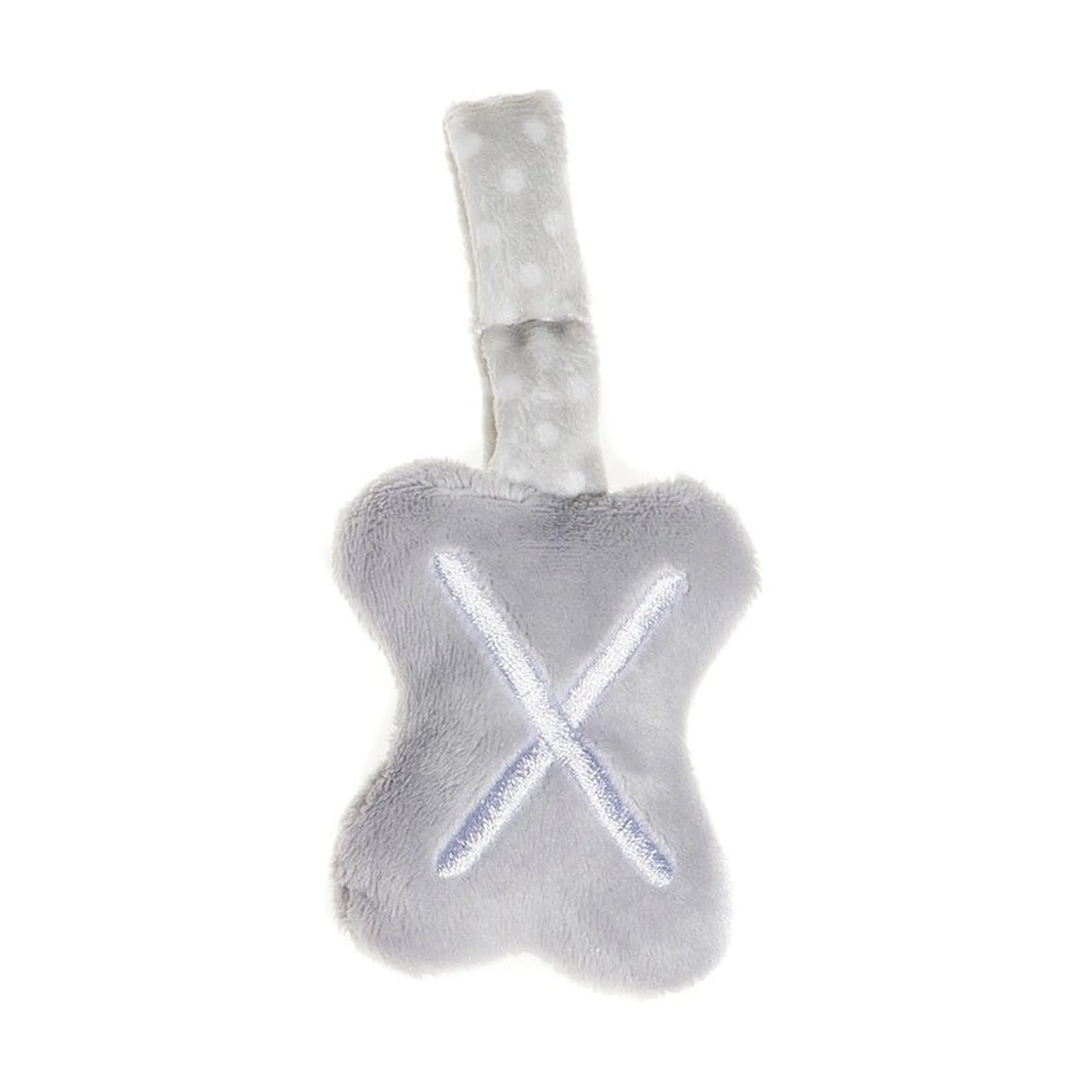 Gray plush letter "X" with soft texture and polka dot strap for hanging, ideal for nursery decor and play.