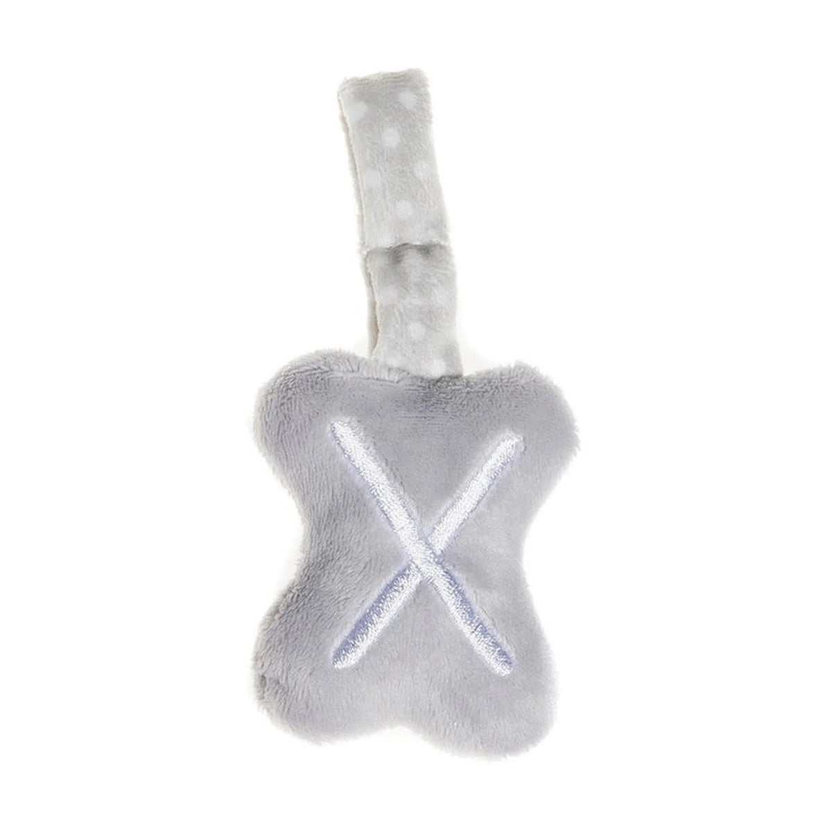Gray plush letter "X" with soft texture and polka dot strap for hanging, ideal for nursery decor and play.