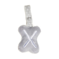 Gray plush letter "X" with soft texture and polka dot strap for hanging, ideal for nursery decor and play.