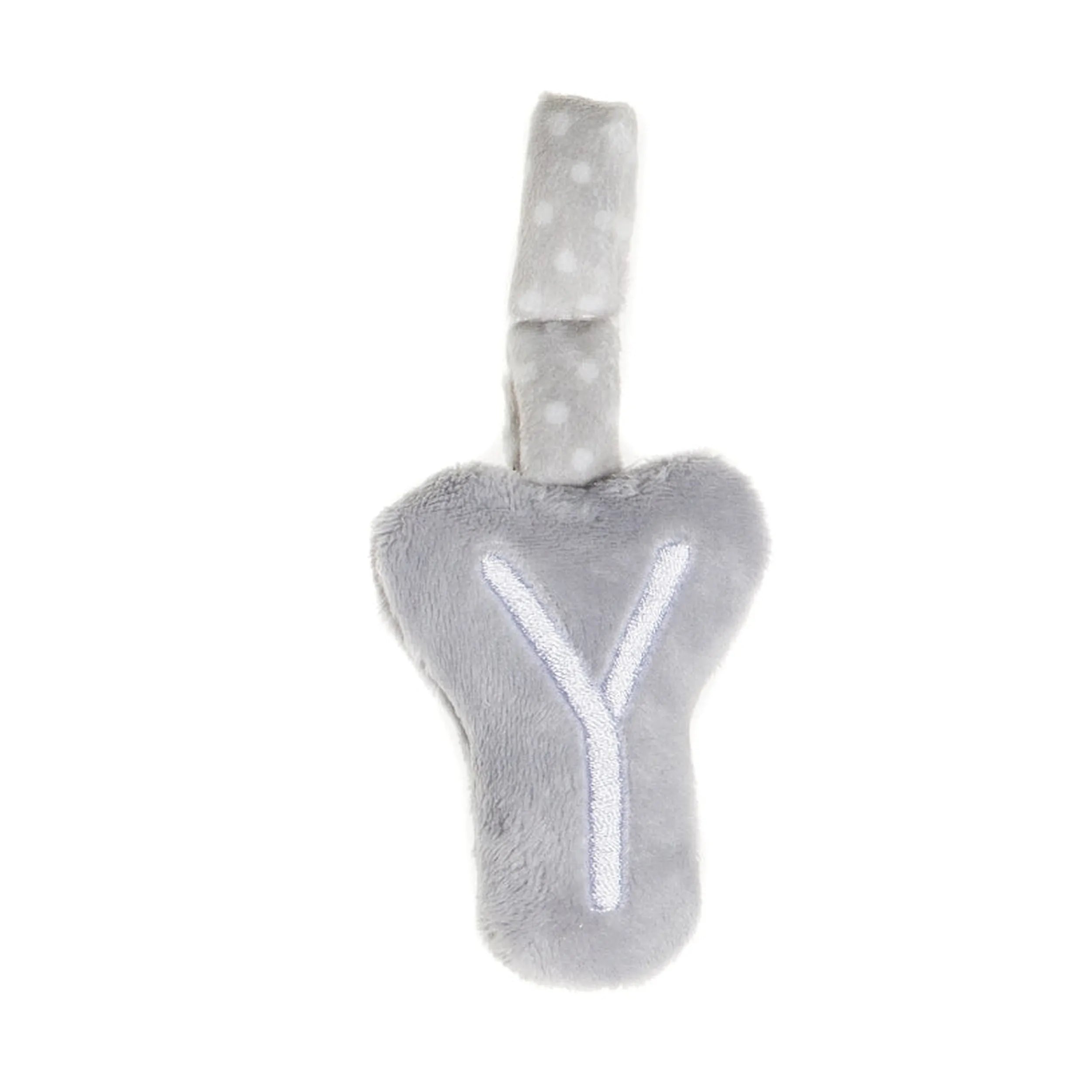 Gray plush letter "Y" with polka dot strap. Soft and cuddly for baby activities and nursery decor.